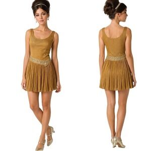 Vintage 60s Mod Dress Pleated Mini Gold Metallic Jr Theme ILGWU Gogo Party XS S